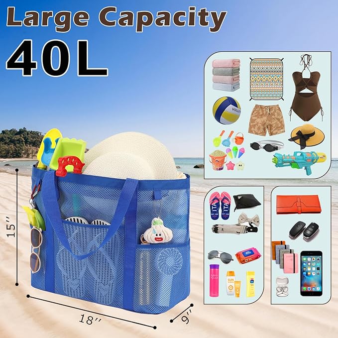 Mesh Beach Bag with Zipper, Large Beach Tote for Women, Toys Pool Swim Bag Travel Vacation Cruise Essentials