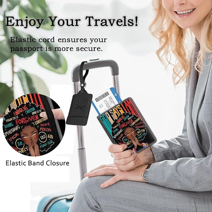 Passport Holder Women Wallet with Luggage Tag, Leather Passport Cover with RFID Blocking, Travel Accessories Multi Card Slot Passport Case for Men，God Says i am an African Girl