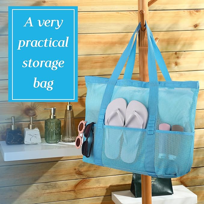 Hillban Large Beach Mesh Bags Bulk for Women Beach Tote Bag with 8 Pocket Zipper Waterproof Sandproof for Pool Cruise Ship