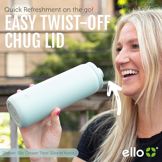 Ello Cooper Twist 22oz Stainless Steel Water Bottle with Chug Lid | Leak Proof Double Walled and Vacuum Insulated | Fits Car Cupholder | Built in Carry Loop | Dishwasher Safe | Yucca