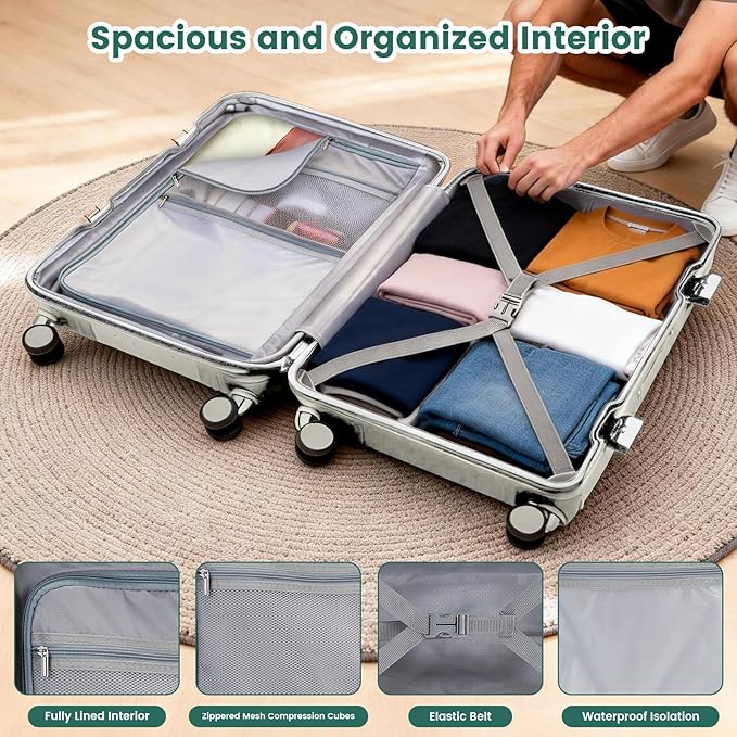 20 Inch Aluminum Frame Carry On Luggage with Front Pocket, USB Port, Phone Holder & Cup Holder, Hard Shell Spinner Suitcase for Airplane Travel, White