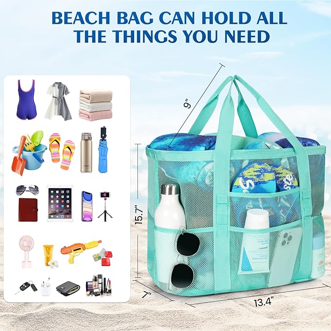 Beach Bag - Mesh Beach Bag Large 8 Pockets, Beach Tote Bag Beach Essentials for Vacation Must Haves