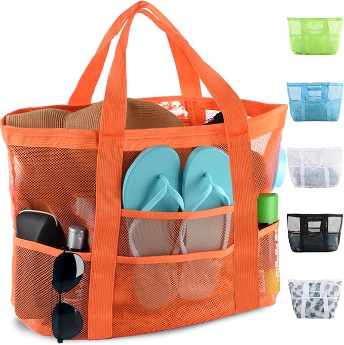 Mesh Beach Bag,Large Beach Bags for Women with 8 Pockets,Packable Tote Bag for Beach Cruise Pool Vacation Essentials