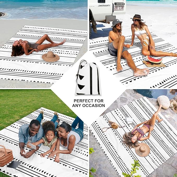 BEW Large Beach Blanket for 1-4 Adults, 78in×86in Waterproof Sandproof Blankets with 4 Stakes & Corner Pockets, Polyester Lightweight Foldable Outdoor Picnic Mat, Camping, Hiking White-black Lines