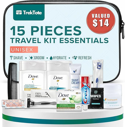 TrekTote Complete 15 Piece Unisex Travel Hygiene Kit with Toiletries & Personal Care Essentials, TSA-Compliant, Individually Packaged in Clear Bag, Single or Bulk Packs