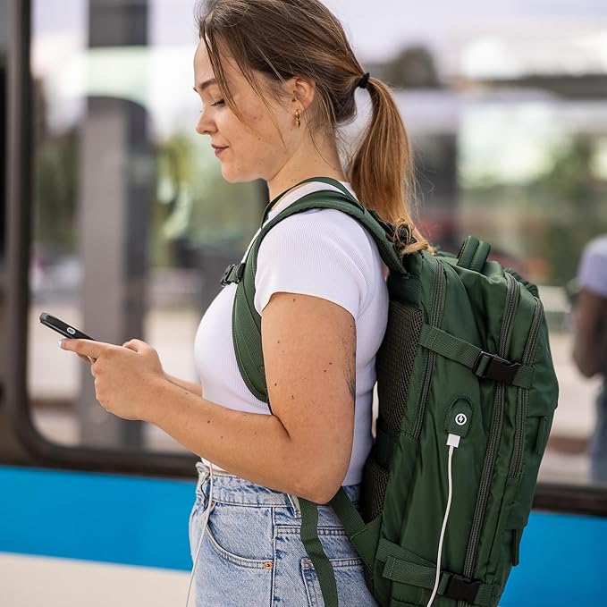 (Not Made In China) Travel Backpack For Men and Women, Airline Approved Carry On Bag w/Shoe Compartment, Holds 15.6" Laptop, USB Charging Port (Columbus, Green, 2 Pack)