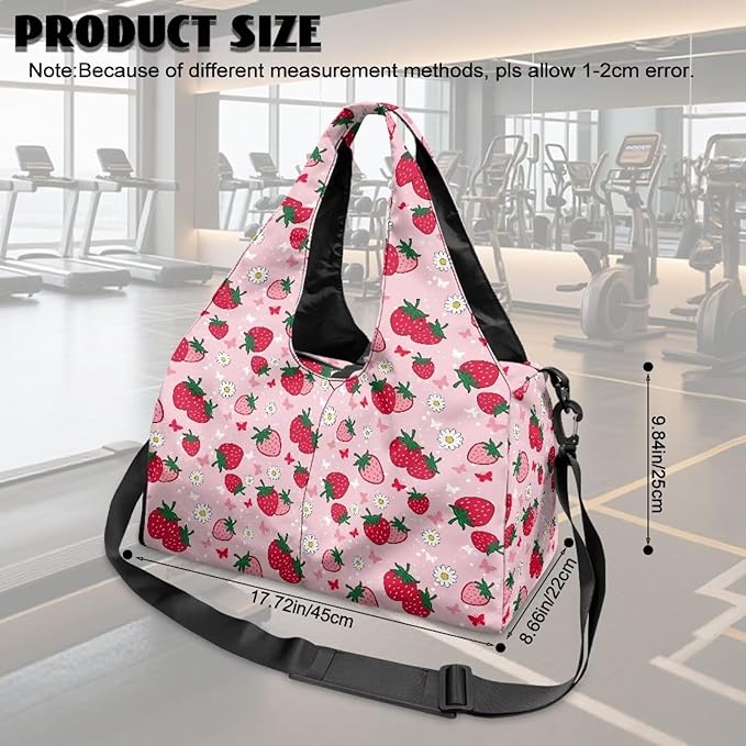 Strawberry Butterfly Flower Gym Bag for Women with Shoe Compartment Ladies Fashion Mini Travel Duffle Bag Lightweight for Overnight Weekender Yoga Swim Dance Short Trip, Pink