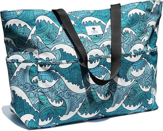ESVAN Large Foldable Beach Bag for for Women with Dry Wet Compartment Waterproof Sandproof Travel Gym Picnic Handbag