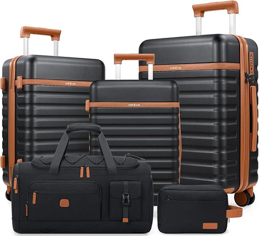 UKEIN Luggage Sets 5 Piece, Carry On Luggage 20In With Spinner Wheels, Hardside Suitcase Set with TSA Lock,Durable Large Suitcase With Travel Backpack for Men-20/24/28in (Black, 5 piece set)