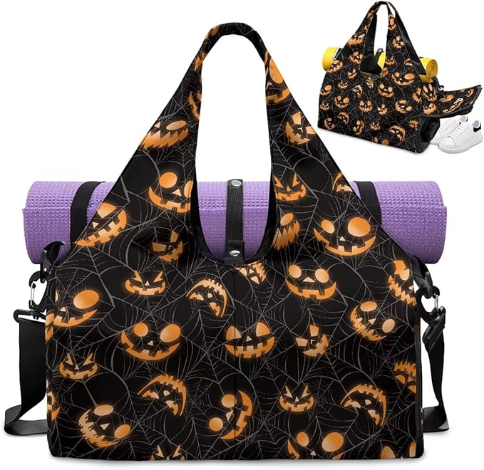 Halloween Pumpkin Face Travel Duffel Bag for Women Large Capacity Overnight Bag with Shoe Compartment Lightweight Sports Fitness Hospital Carry on Bags Black Halloween Costumes