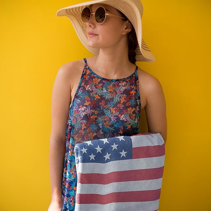USA American Flag Beach Blanket Towel 54”x68” – 100% Cotton Velour, Highly Absorbent, Fast Drying, Easy-Pack for Spring Break, Vacation, Beach, Pool, or Sunbathing, Lightweight, Compact