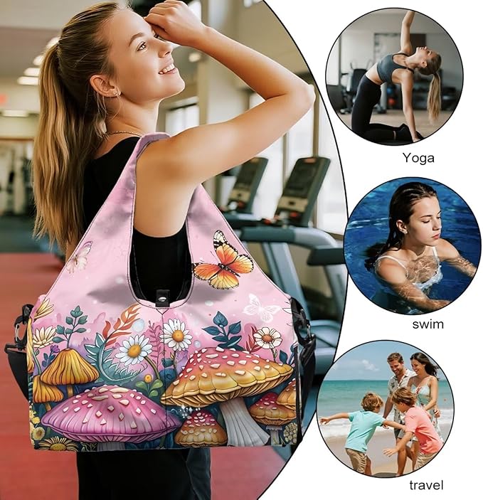 Small Duffle Bag for Women with Yoga Mat Holder, Mushroom Workout Bag with Inner Pocket, Shoe Compartment, Weekend Bag Ventilated Lightweight Totes for Birthday Gift