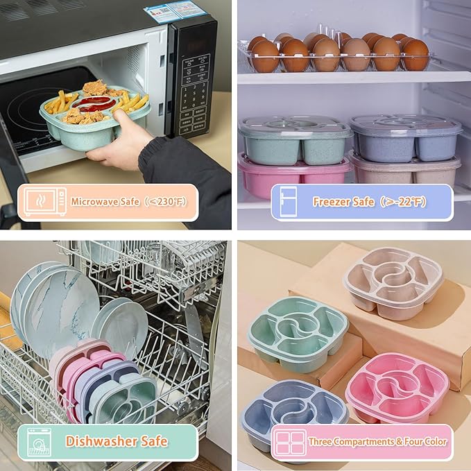 4 Pack Snack Containers, 6 Compartments Snack Box Containers with Lids, Reusable Meal Prep Lunch Containers BPA-Free, Divided Food Storage Containers for Work Travel