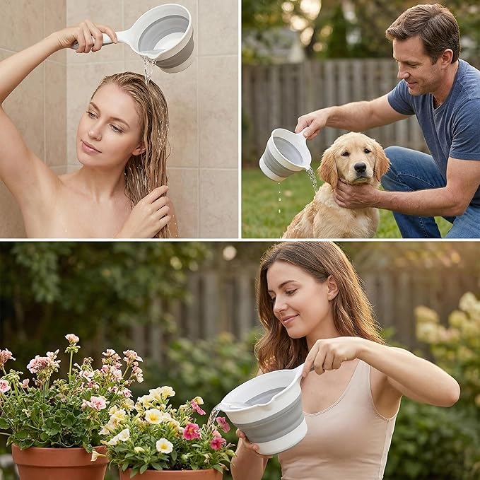 Premium Silicone Bath Rinse Cup & Water Pourer - Large Capacity Blue and White Bath Cup for Rinsing Hair, Shower Hair Washing Mug, Pet Bathing, and Travel