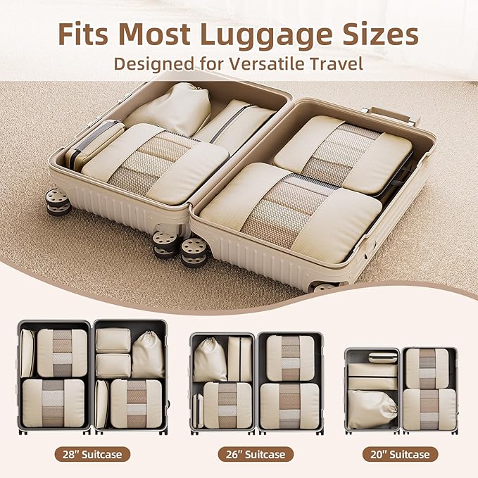 Compression Packing Cubes for Travel,6-Piece Travel Luggage Organizers with Breathable Mesh, Storage Bags for Clothes, Essential Travel Accessories, Beige