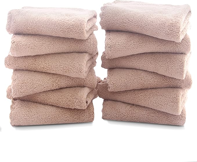 TENSTARS 12 Pack Premium Washcloths Set - Quick Drying - Soft Microfiber Coral Velvet Highly Absorbent Wash Clothes - Multipurpose Use as Bath Fitness, Spa, Facial, Fingertip Towel (Brown)