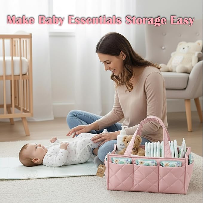 Baby Diaper Caddy Organizer, Nursery Storage Basket for Newborn Essentials, Travel Baby Basket for Diapers Baby Wipes, Organizer Tote Bag Storage Bin, Baby Shower Gifts (Pink)