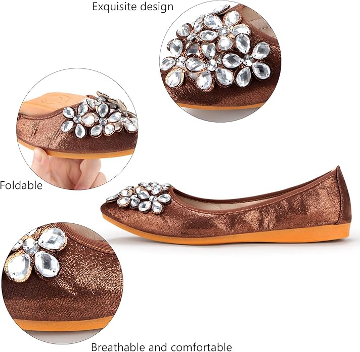 KUNWFNIX Women Ballet Flats Rhinestone Wedding Ballerina Shoes Foldable Sparkly Comfort Slip on Flat Shoes