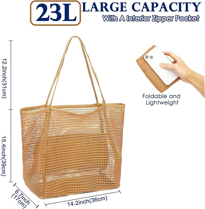 Mesh Beach Bag, Large Beach Tote with Zipper Pocket, Toys Pool Bag for Family Travel Vacation Cruise Essentials