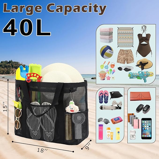 Mesh Beach Bag with Zipper, Large Beach Tote for Women, Toys Pool Swim Bag Travel Vacation Cruise Essentials