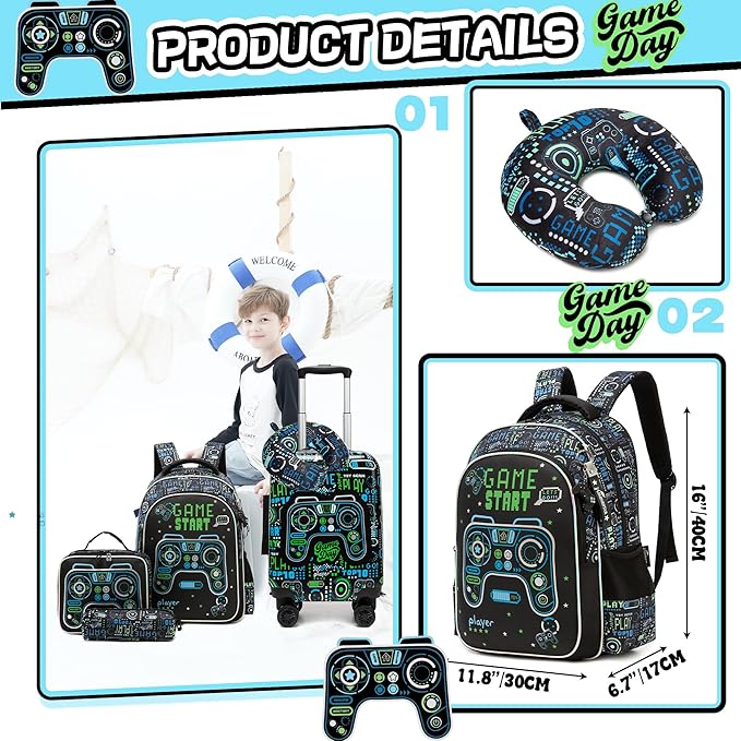 Kid's Luggage Set 5 Piece Suitcase Set 16" Hardside Luggage with Spinner Wheels Boys Carry on Toddler Travel Rolling Luggage Airline Approved