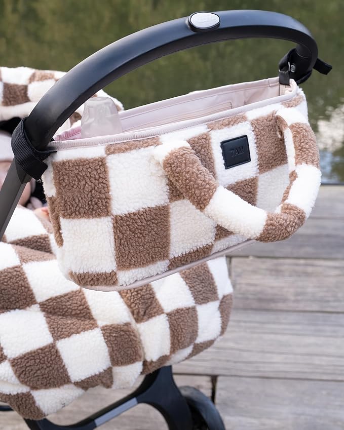 Universal Stroller Organizer Bag - Easy Grab Top Handles, Stroller Caddy with Cup Holder, 3 Open Compartments, Adjustable Stroller Straps & Zippered Wallet Pocket | (Print Checkers Tan)