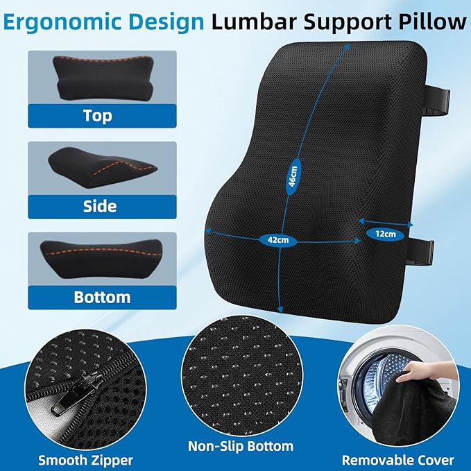 Niceeday Lumbar Support Pillow for Office Chair Car Lumbar Pillow Lower Back Pain Relief Memory Foam Back Cushion with 3D Mesh Cover, Back Pillow Ergonomic Orthopedic Back Rest