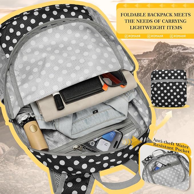 ZOMAKE Ultra Lightweight Hiking Backpack 20L, Packable Small Backpacks Water Resistant Daypack for Women Men(Black，White polka dots)