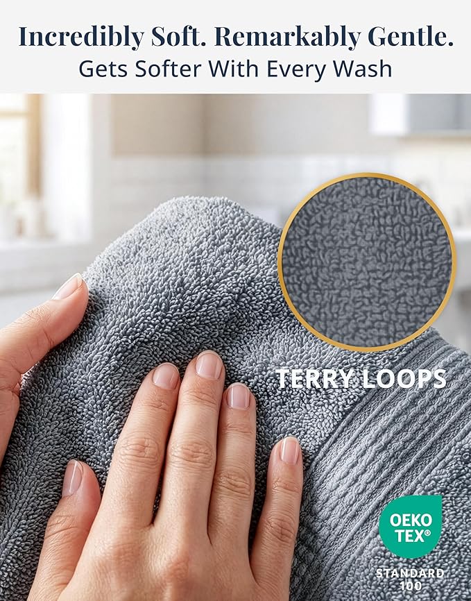 LANE LINEN Hand Towels for Bathroom - 4 Pack (16" x 28"), 100% Cotton Face Towel Set - Soft, Fade & Shrink Resistant - Hotel & Spa Inspired Hand Towels for Bathroom for Modern Family Homes - Cool Grey