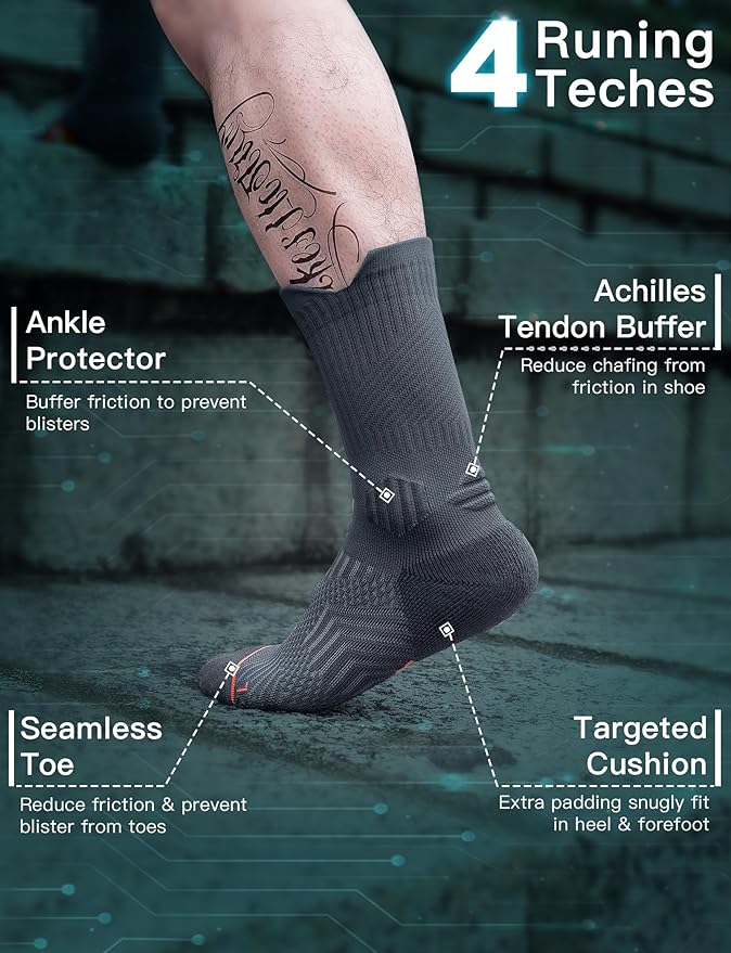 Compression Running Socks, Bamboo Viscose Coolmax Moisture-Wicking Anti-Blister Athletic Hiking Workout Gym Padded