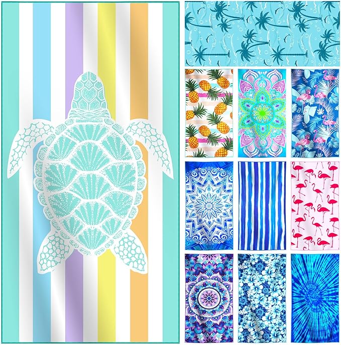 Lightweight Thin Microfiber Beach Towel Oversized Quick Dry Compact Sandproof Clearance Towels Sand Free Camping Swimming Pool Easy Pack Travel Accessories Essentials Women Adults Turtle Green