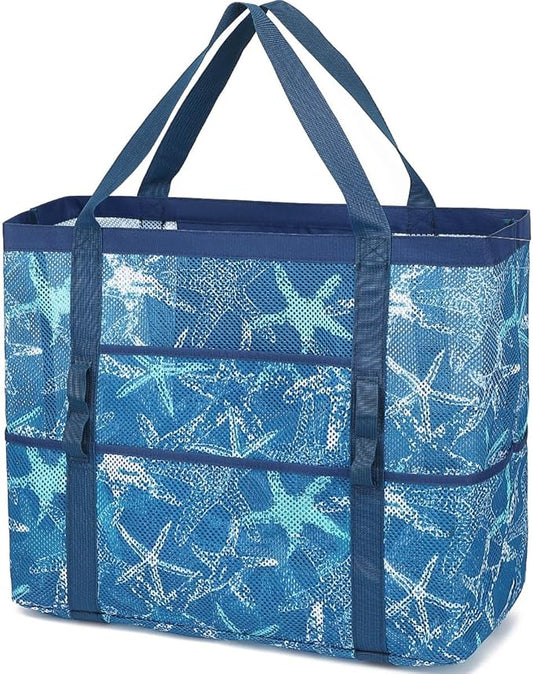 Mesh Beach Bag, Large Beach Tote with Zipper Pocket, Toys Pool Bag for Family Travel Vacation Cruise Essentials