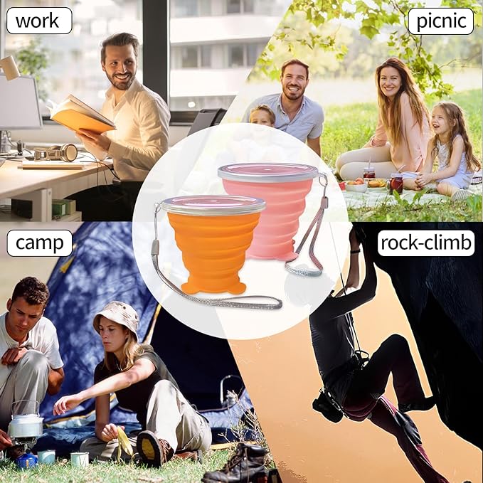 Collapsible Cups, Silicone Collapsible Travel Cup, Expandable Folding Camping Drinking Cup with Lids Reusable Small Portable Mugs Cup for Travel, Camping, Hiking, Outdoor Sports Pink Orange