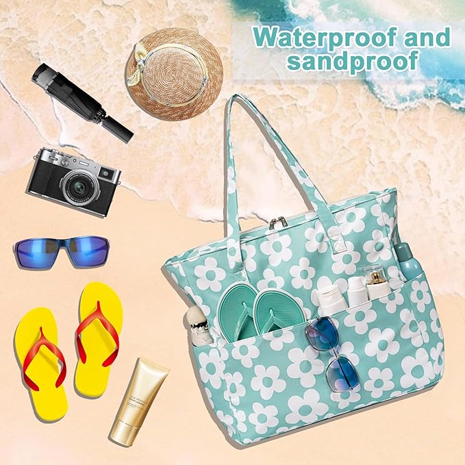 LEDAOU Large Beach Bag Women Waterproof Sandproof Zipper Beach Tote Pool Bag for Swim Gym Grocery Travel with Wet Pocket | Waterproof, Sandproof, Zipper, Pool, Gym, Grocery