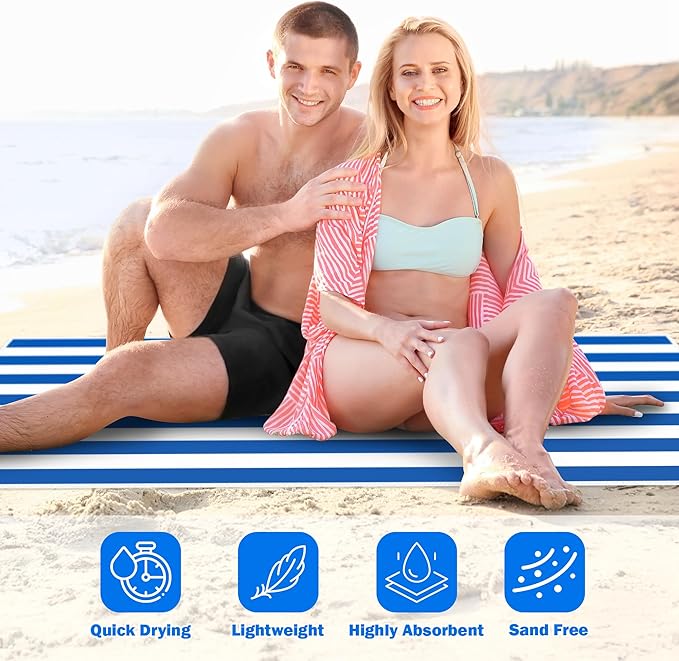 Blue Stripes Magnetic Beach Towel - 75"x30" Sand Free Quick Dry Microfiber Towel with Built-in Magnets Lightweight for Beach Chair Car Door Pool Travel Camping Yoga with Storage Bag