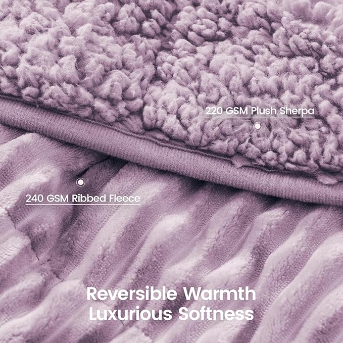 Sherpa Fleece Weighted Blanket with Ribbed Stripes for Adults, 15 lbs Dual Sided Cozy Warm Blanket for Couch Full Size Bed, Glass Beads Heavy Thick Blankets Great for Sleep, Light Purple, 60" x 80"