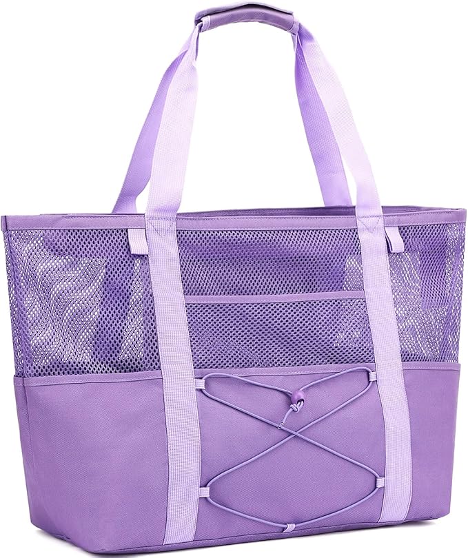 Mesh Beach Bag, Large Beach Tote with Zipper Pocket, Toys Pool Bag for Family Travel Vacation Cruise Essentials