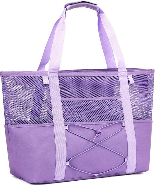 Mesh Beach Bag, Large Beach Tote with Zipper Pocket, Toys Pool Bag for Family Travel Vacation Cruise Essentials