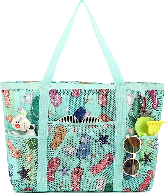 Mesh Beach Bag with Zipper, Large Beach Tote for Women, Toys Pool Swim Bag Travel Vacation Cruise Essentials