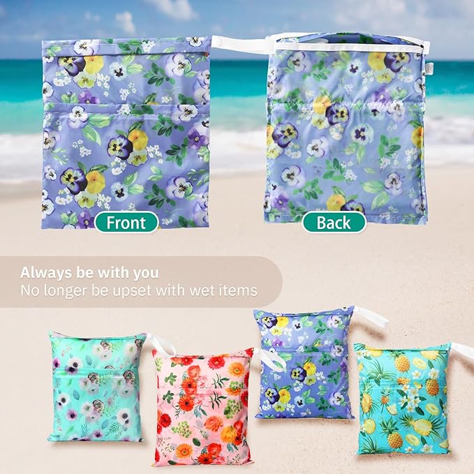 Frienda 4 Pieces Wet Dry Bag for Baby Waterproof Reusable Washable Diaper Bag Sealed with Handle for Travel, Beach, Swimsuit, Diapers, Dirty Gym Clothes and Toiletries (Plant)