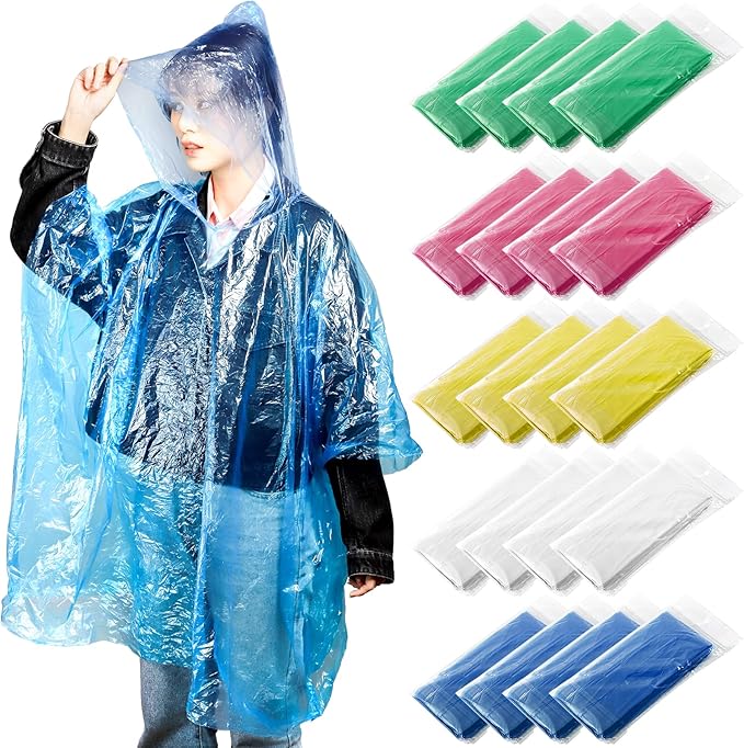 20 Pack Disposable Rain Ponchos for Adults, Clear Plastic Emergency Raincoats with Hood, Individually Wrapped Bulk Rain Ponchos Waterproof Family Pack Camping