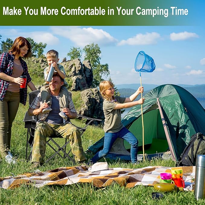 2PCS Collapsible Folding Camping Chairs Heavy Duty Lawn Foldable Chair with Cooler Bag, Storage Pocket, Waterproof Bag Outdoor Arm Sport Chair, Supports 325LBS, Black