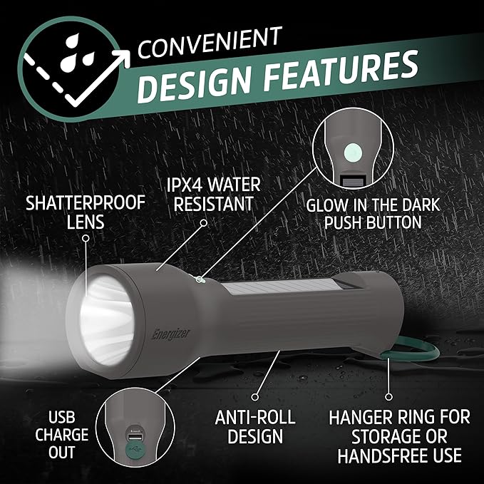 Energizer S-600 LED Flashlight Rechargeable Solar and AA Battery Power Options, Super Bright IPX4 Water Resistant Flashlights High Lumens for Emergencies, Outdoors, DIY