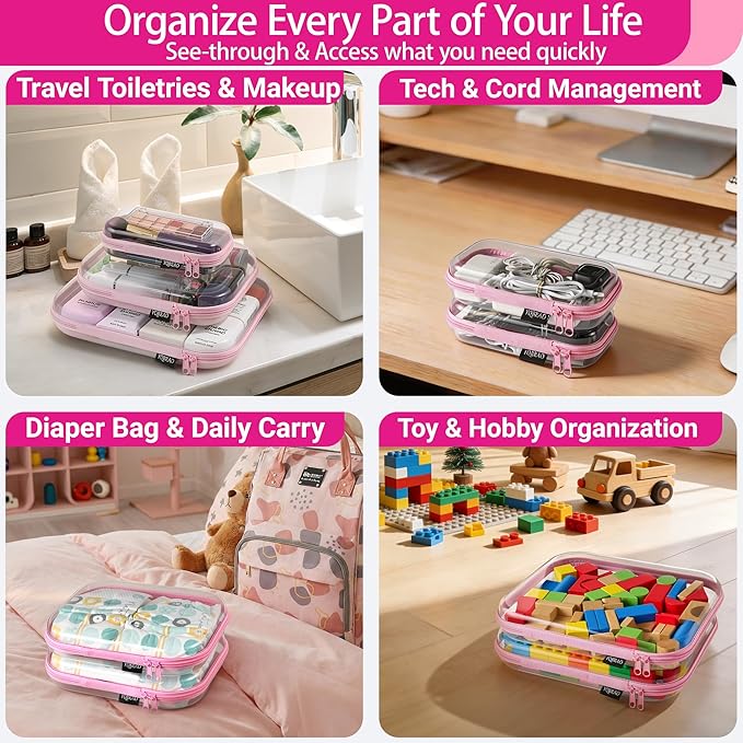 6 Pack Clear Hard Shell Zipper Case, Hard Plastic Organizer Pouches for Travel, Small Items, Makeup, Electronics & Art Supplies - Crush-Resistant & Waterproof Storage (Pink)