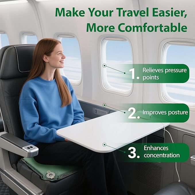 Inflatable Travel Seat Cushion – Self-Inflating Memory Foam Pad for Airplane, Stadium Bleachers, Camping, Hiking & Backpacking – Ultralight Compact & Portable Sitting Cushion (Green)
