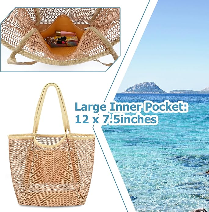 Iioscre Beach Bag for Women, Causal Hobo Pool Bags with Zipper Inner Pocket, Foldable Swim Tote Bag for Vacation Essentials
