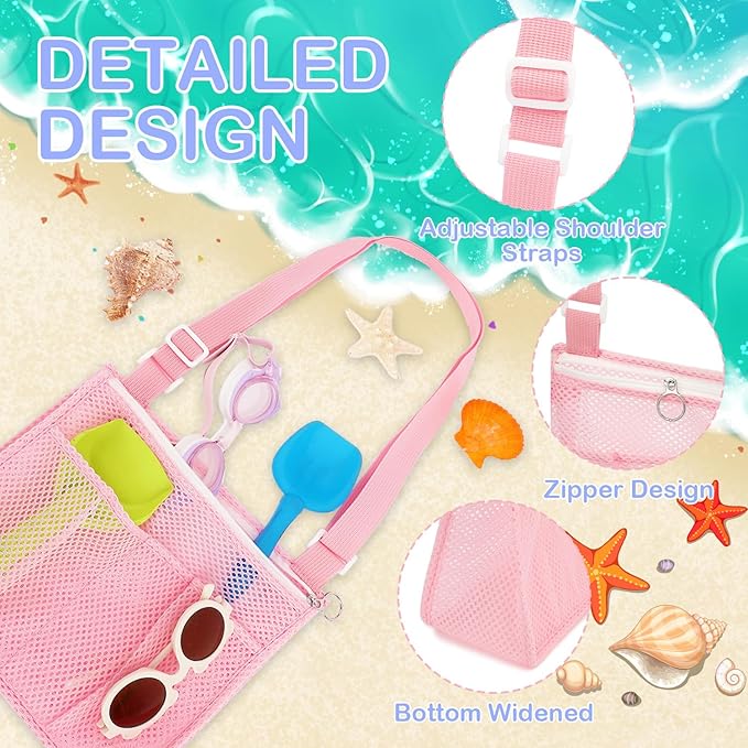 Mesh Beach Bag, Large Beach Tote with Zipper Pocket, Toys Pool Bag for Family Travel Vacation Cruise Essentials