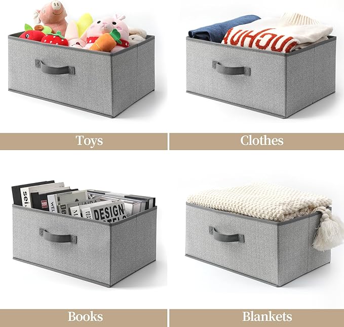 Storage Baskets, 15.7 Inch Woven Fabric Bins, Storage Cubes with Reinforced Handles, Organizer Bins for Closet Shelves, Foldable, for Toys, Clothes (4PCS/Grey-15.7*11*7.8inch)