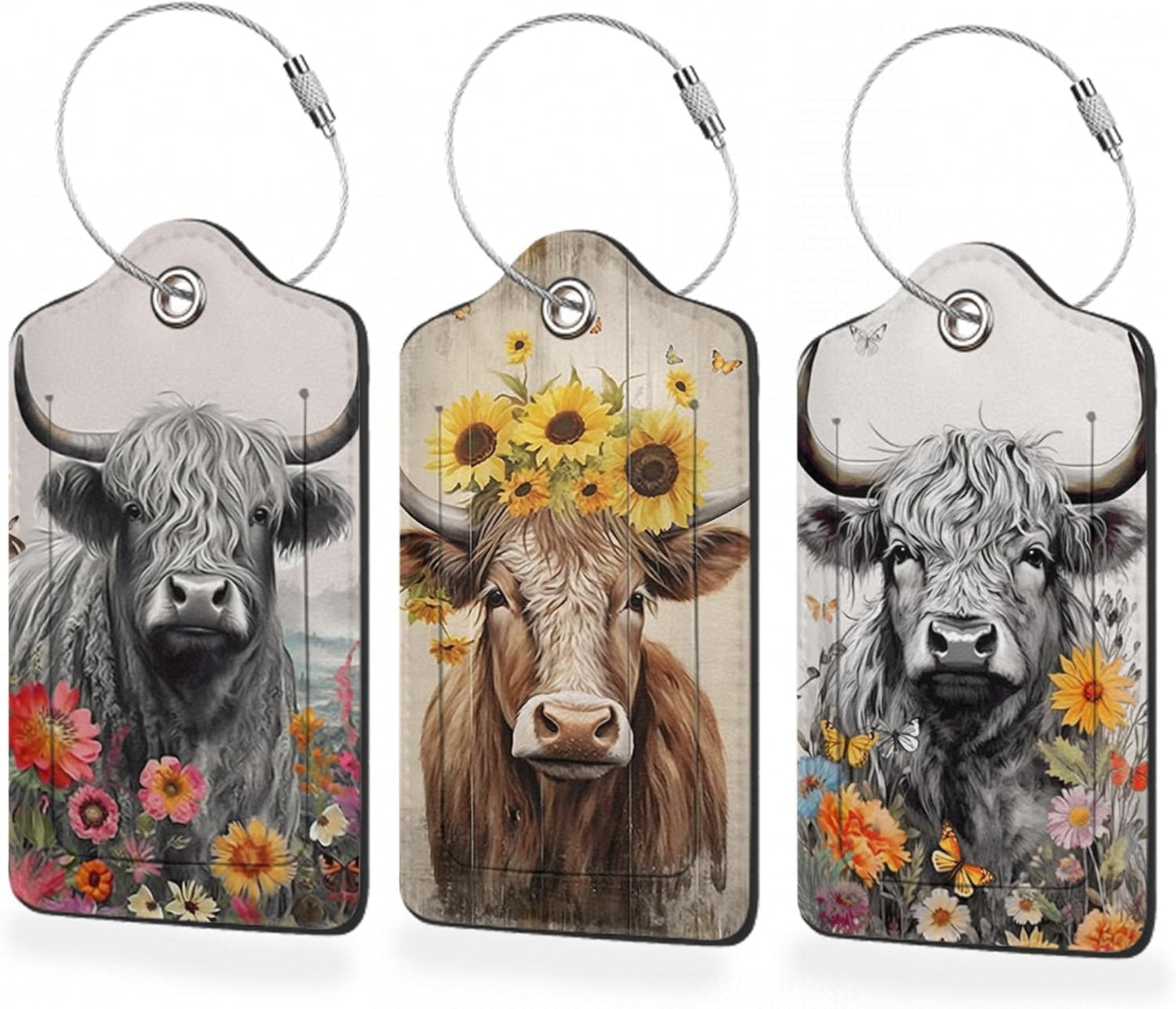 3 Pack Luggage Tag for Suitcase,Highland Cow Leather Luggage Tags with Privacy Cover Name ID Label Identifiers Travel Bag Tags for Women Men Boys Girls