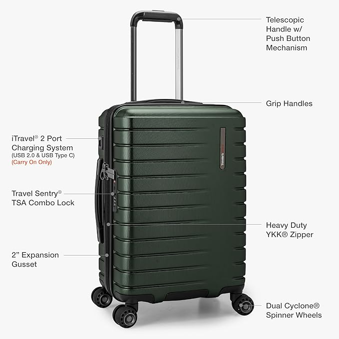 Traveler's Choice Archer Polycarbonate Expandable Luggage with Spinner Wheels, Green, Checked 26-Inch